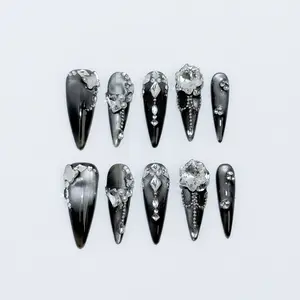 #36 Gothic Dark Glam Black-Silver Cat Eye Press-On Nails | Crystal Chain Stiletto Nails | Luxury Edgy Nail Art