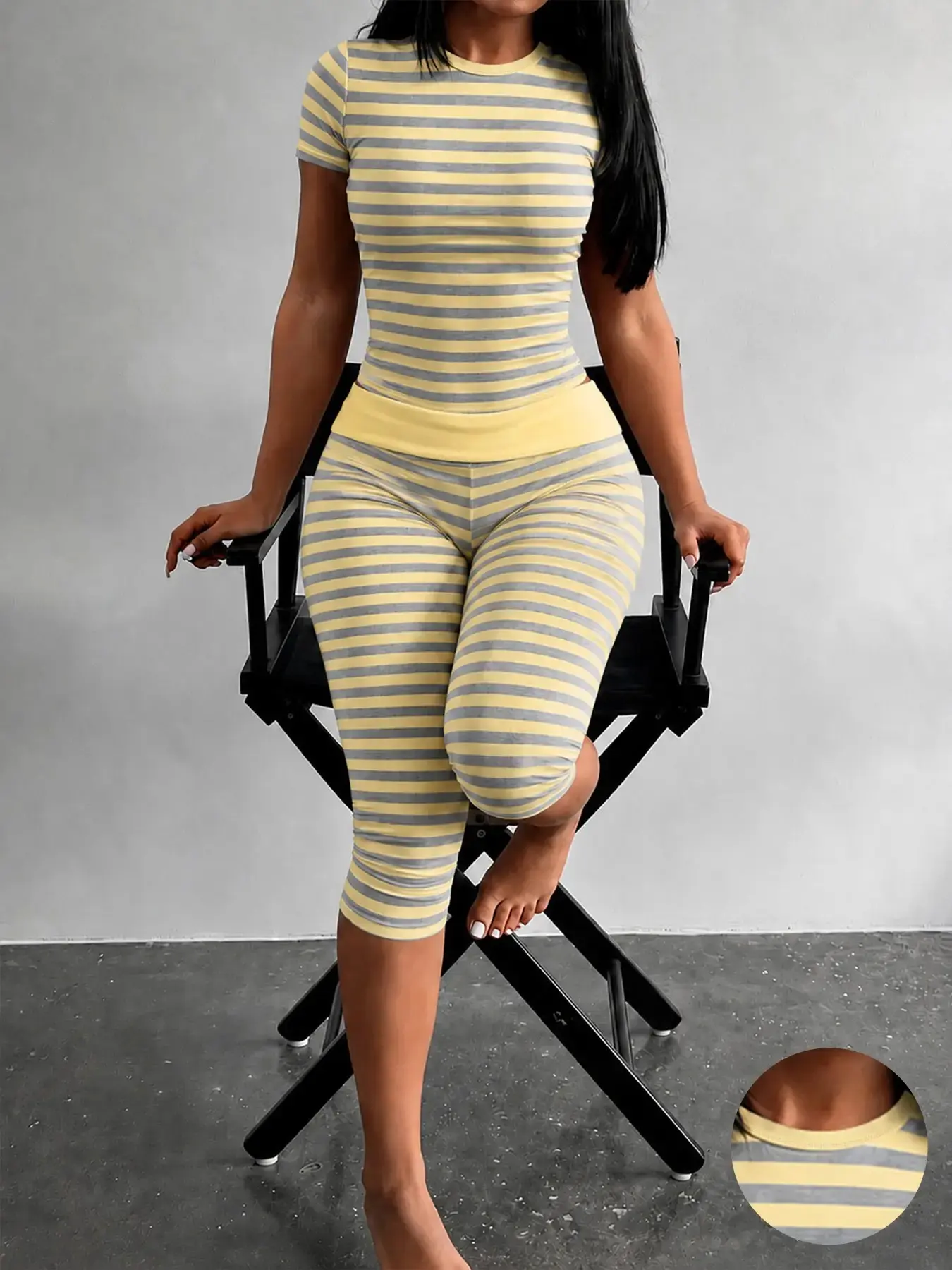 Yellow Grey Striped Two-Piece Loungewear Set, Crew Neck Short Sleeve Slim Crop Top & High-Waisted Capri Leggings, Stretchy Fitted Matching Outfit, Ideal for Home Relaxation, Gym & Grocery Runs, All-Season Casual Lounge Wear
