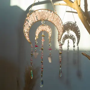 Crystal Sun Catcher, Moon Design with Boho Aesthetic Crystal Stone Pendant, Natural Stone Bead Hangable Hanging Decoration, Home Wall Decor, Wall Art Decor, Outdoor Garden Window Ornaments