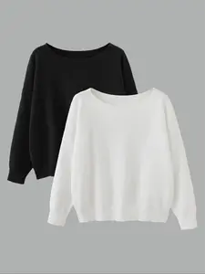 Women's Solid Color Drop Shoulder Boat Neck Sweater, Casual Long Sleeve Jumper for Fall & Winter, Fashion Ladies' Knitwear for Daily Wear, Sweaters for Women