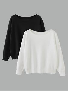 women's solid color drop shoulder boat neck sweater, casual basic long sleeve crewneck jumper for fall & winter, fashion ladies' knitwear for daily wear, sweaters for women, womenswear
