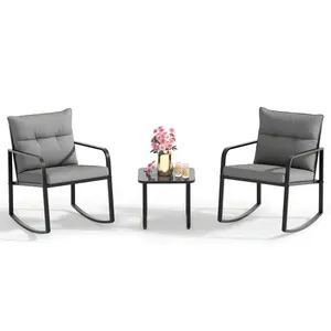 3 Piece Grey Rocking Bistro Set Rustproof Steel Patio Furniture Porch Conversation Set with Glass Coffee Table Thick Back Cushion Lightweight Outdoor Leisure Chairs for Balcony Garden Deck Backyard