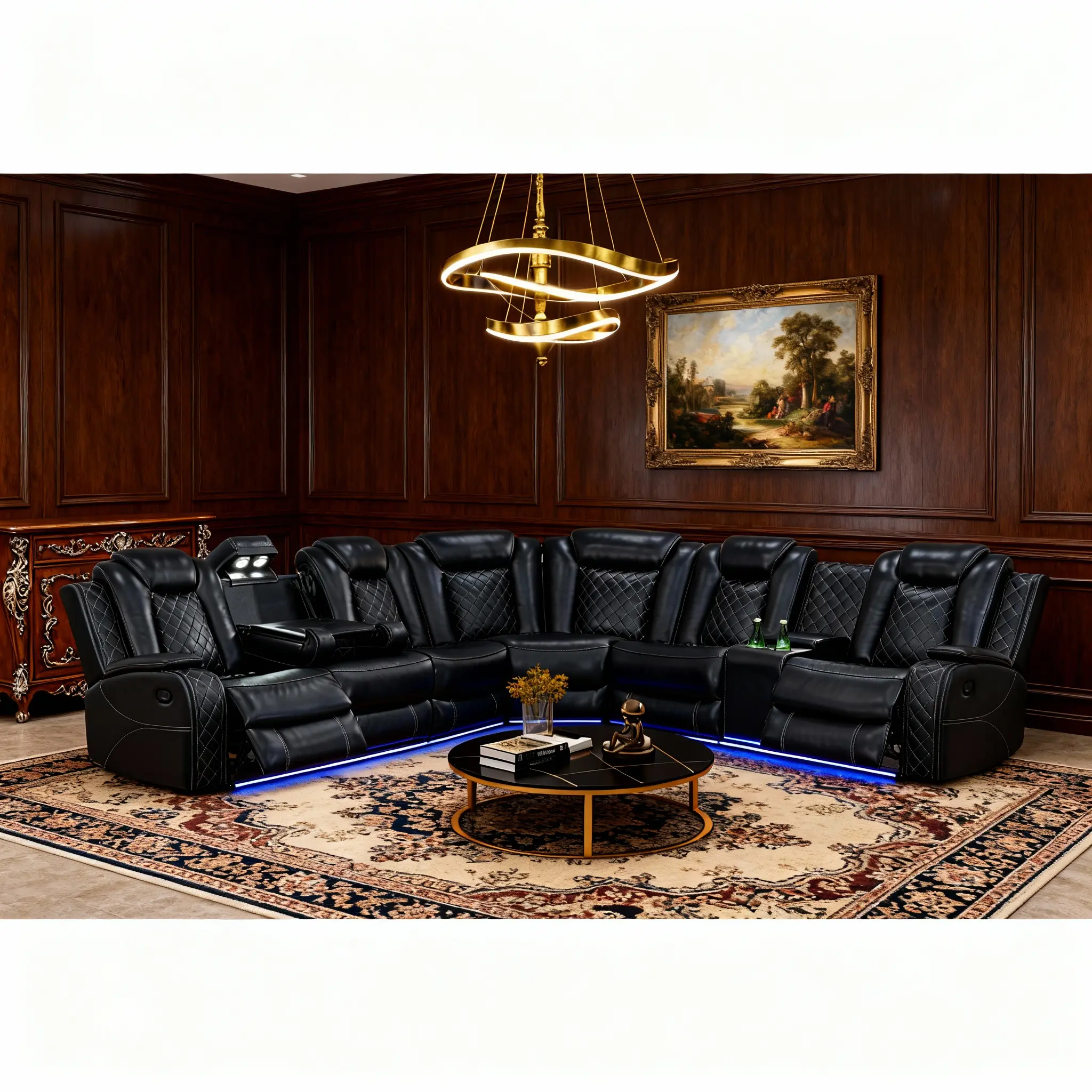 3-Piece Modern Black Breathable Leather Recliner Sofa Set - Push-Back Reclining Sectional with Cup Holders, Durable Expandable Furniture Living Room for Home Theater, Durable Sofa Sets