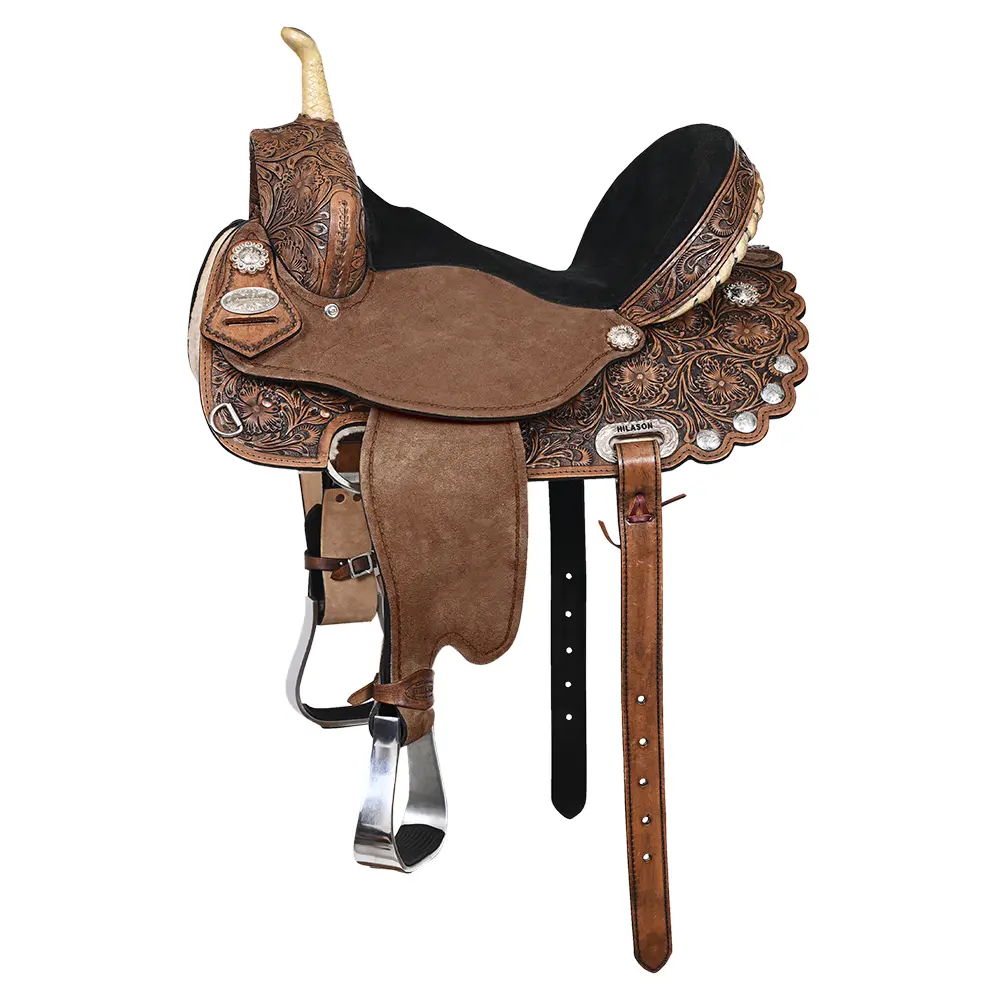 Hilason Flex Tree Western Horse Saddle American Leather Trail Barrel Dark Brown With Floral Hand Carved