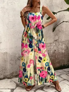 Women's floral print wide leg jumpsuit, featuring pleated details for casual vacation, Bohemian floral print sleeveless jumpsuit for women, casual loose square neck wide leg bib pants for beach wear, women's printed wide leg jumpsuit, Boho, Womenswear