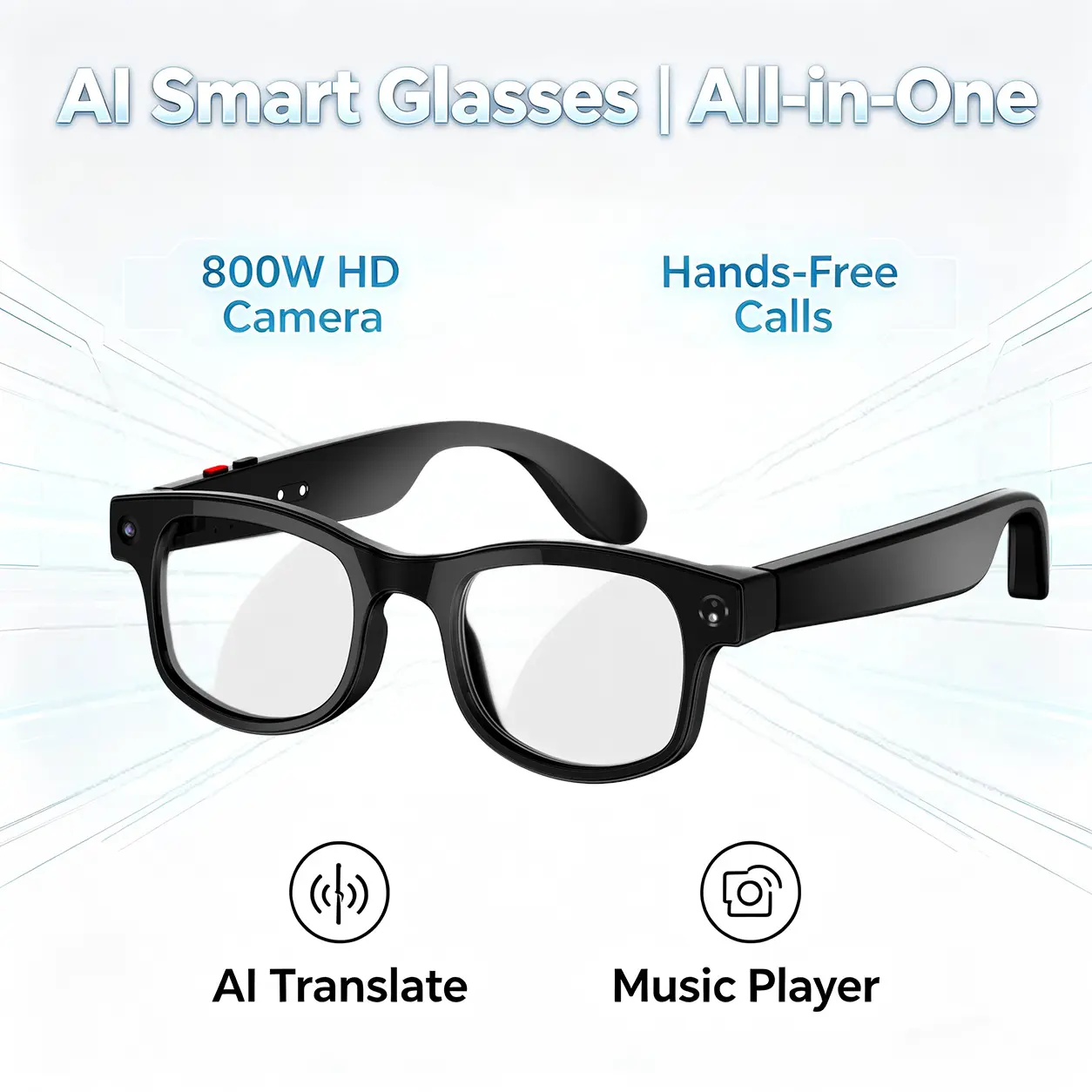 Multifunctional Smart Glasses - Minimalist Modern Transparent Automatic Wearable, 8MP Camera, HD Video Recording, Bluetooth 5.3 Audio, Real-Time Translation, Wireless & Button Touch Control, Ideal for Travel, Sports