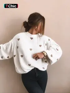 Women's All Over Heart Print Drop Shoulder Sweater, Casual Long Sleeve Round Neck Jumper for Fall & Winter, Fashion Ladies' Knitwear for Daily Wear Tops