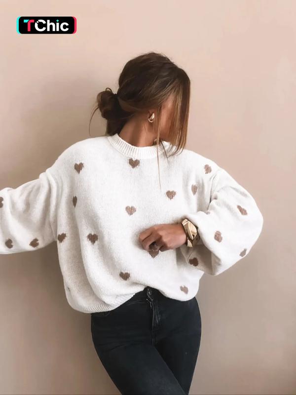 Women's All Over Heart Print Drop Shoulder Sweater, Casual Long Sleeve Round Neck Jumper for Fall & Winter, Fashion Ladies' Knitwear for Daily Wear