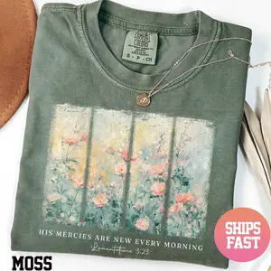 Comfort Colors Christian Shirt His Mercies Are New Every Morning Bible Verse Shirt Religious Women Gift Floral Jesus Shirt,Faith Christian