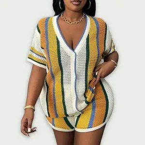 Striped Print Knit Sweater Set, Casual Short Sleeve V Neck Knit Top & Shorts, Women's Summer Outfits