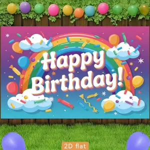 2D Flat Banner 1pc,for Party Banners Banner, Polyester Backdrop Rainbow Candy Balloons Clouds Happy Birthday, for Party Decor Club, Room, Garden, Farm, Home, No Electricity, Easy to Hang Gift for Wedding, Birt