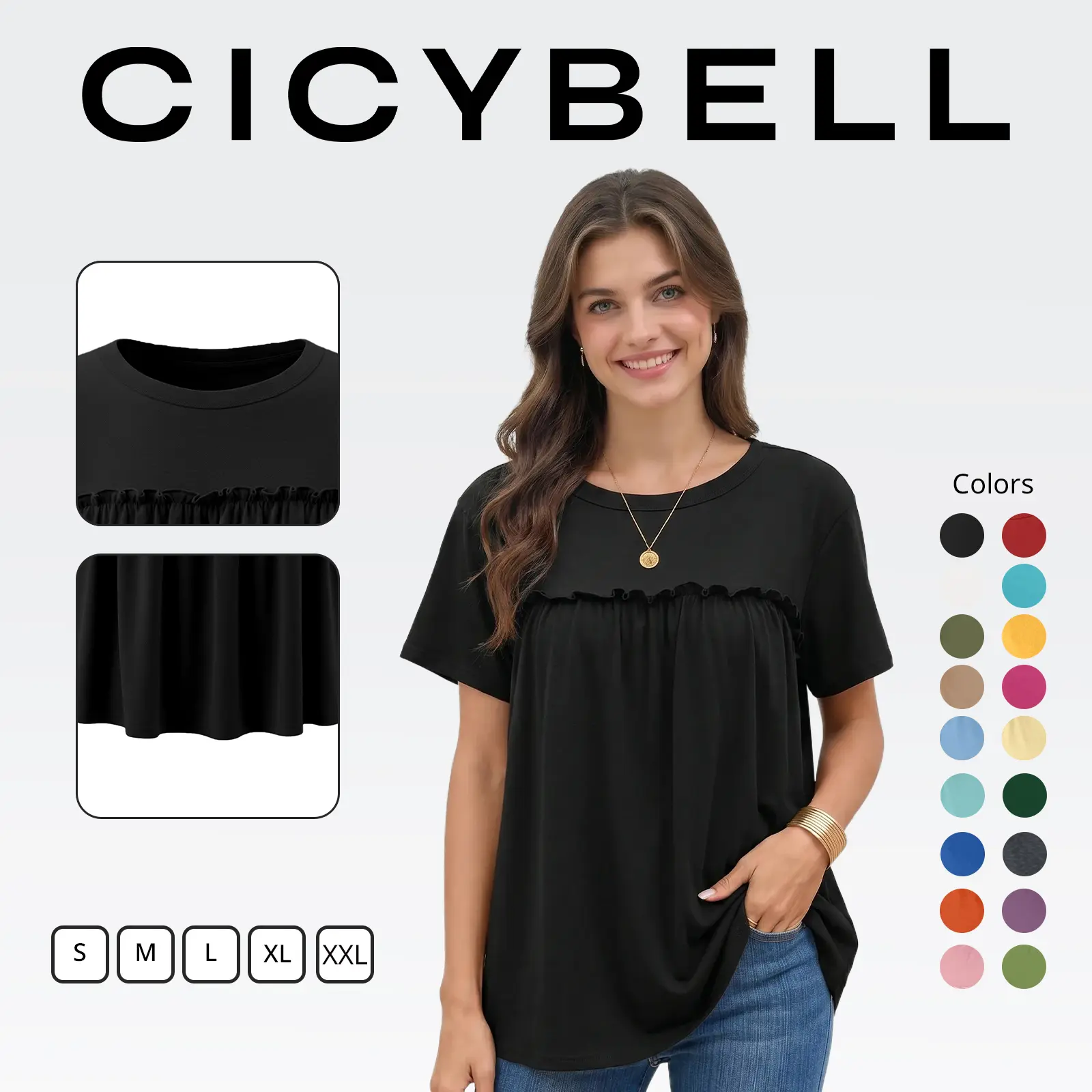 Cicy Bell Womens Summer Babydoll Tunic Tops Pleated Short Sleeve Crew Neck Peplum T Shirts Casual Loose Fit Outfits Crewneck Ruffled