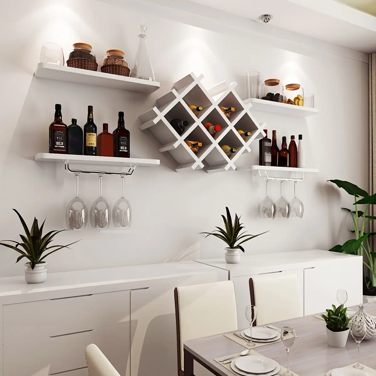 5-Piece Wall Mounted Wine Rack Set, Rustic White Wooden Shelves With Stainless Steel Glass Holders, Space-Saving Storage For Bottles And Stemware, Modern Home Decor