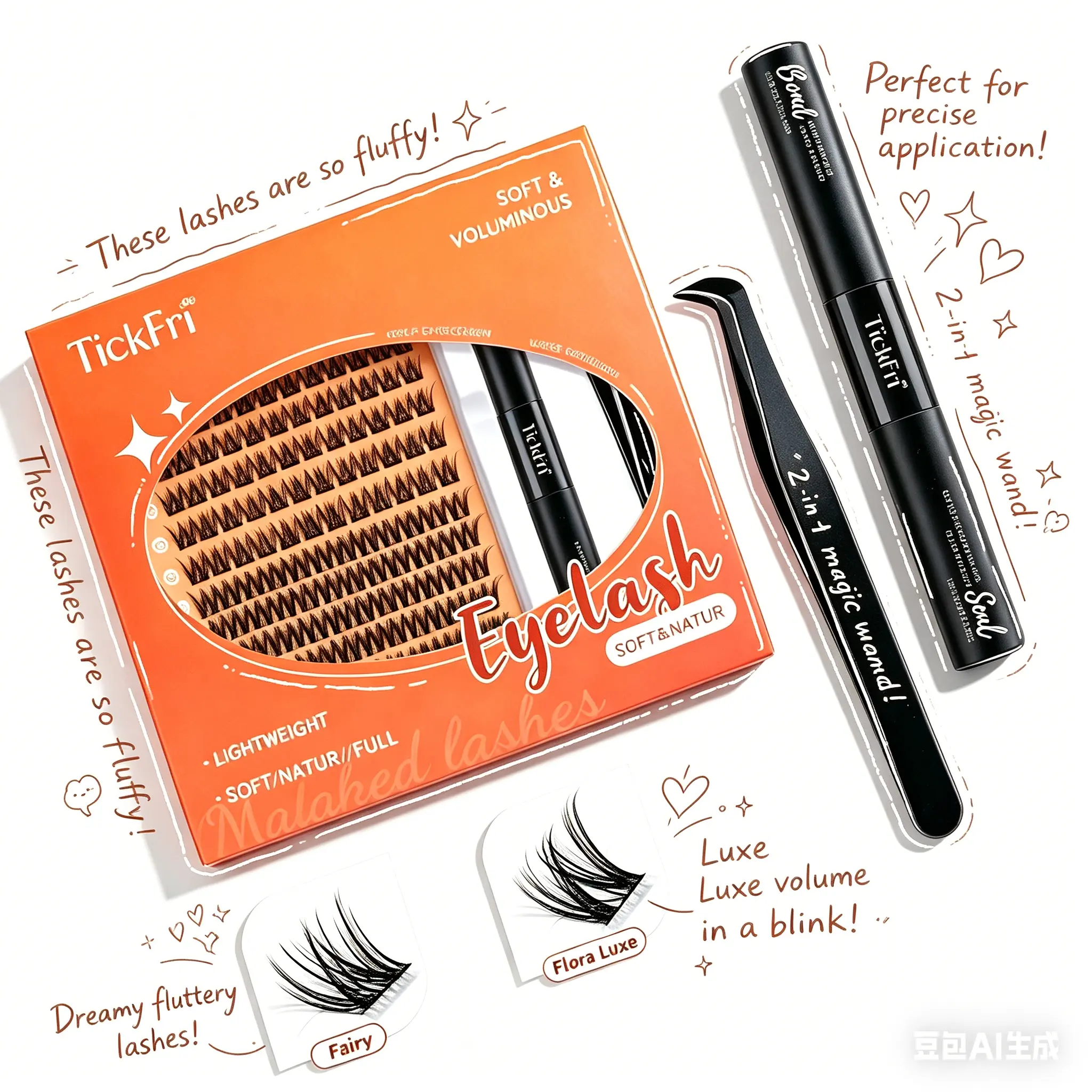 Doll Lashes (8-16mm)- C-Curl-TickFri Lashes-Flora Luxe DIY Lash Clusters Volume Lashes  Soft Fibers Superfine Band Easy to Apply for Beginners Makeup Cosmetic beginner-friendly fake mink