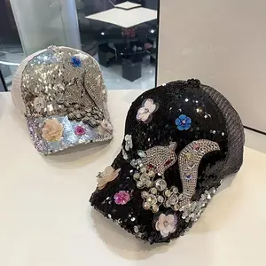 New Style Personality Rhinestone Flower Baseball Cap Fashion Versatile Sequin Mesh Cap Duckbill Hat for Women (Rhinestone and Flower Position, Color Random)