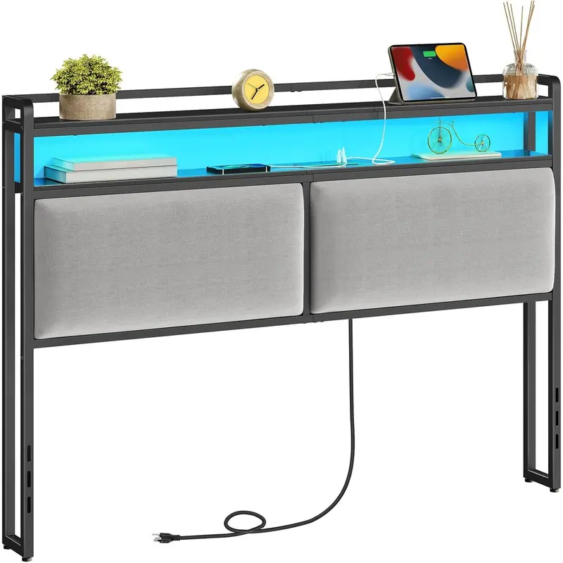 Size Upholstered Headboard, Storage Headboard with  Station and Adjustable LED Lights, 2 Standard Outlets and 2 USB Ports,  Headboard Only, Easy Assembly, Black and Gray
