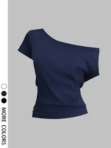 Women's Trendy Asymmetrical One-Shoulder Short Sleeve Top, Solid Color Slim-Fit Casual Tee, Sexy Off-Shoulder Design