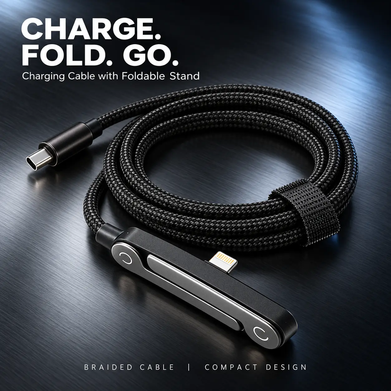 240W Superfast Foldable Invisible Holder Charger Cable - 2-in-1 Mobile Charging Cord with Stand for iPhones, Samsung, Type-C Smartphones (Black, Office, Gaming Use)