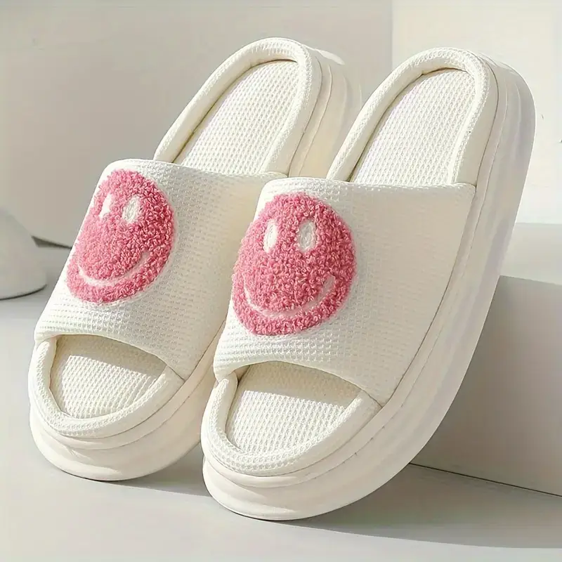 Unisex Smile Face Pattern Open Toe Breathable Slippers, Comfy Non Slip Casual Soft Sole Slides For Men's & Women's Indoor Activities