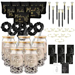 48-Piece Bridesmaid Invitation Gift Set Bridesmaid Gifts Bridal Party 16oz Glass Tumblers Cosmetic Pouch Invitation Cards Hair Bands Hair Bow Bracelets Diamond Pen (Black)