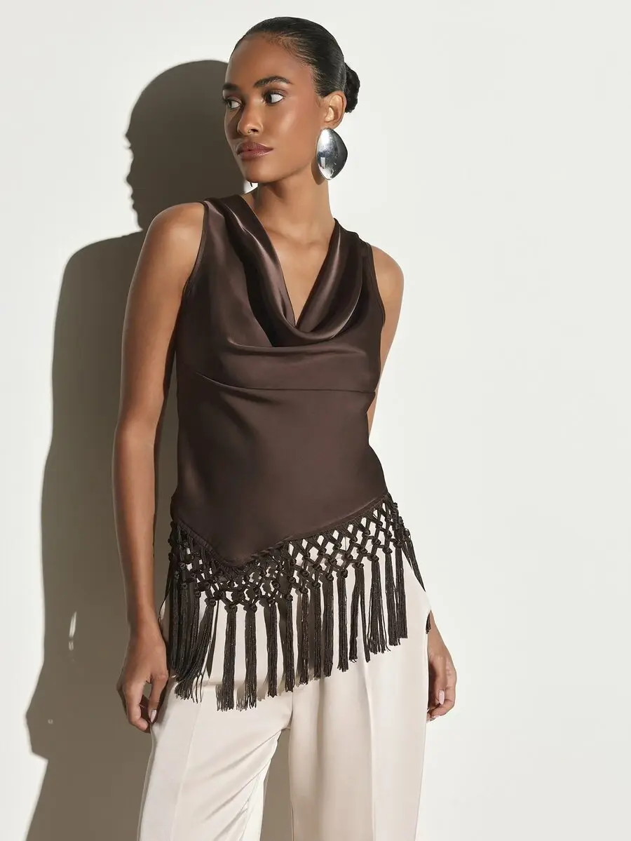 KSTM Satin Cowl Neck Sleeveless Blouse With Macrame Fringe Hem Detail Elegant Evening Party Top