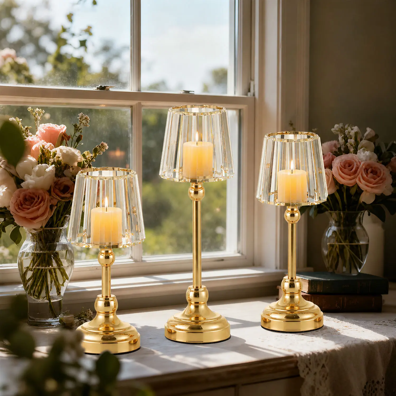 VINCIGANT Sturdy Hurricane Candle Holders with Glass Cloche & Heavy-Duty Metal Base, Casual Crystals Accent, Windproof for Pillar/Votive Candles, Kitchen/Office Centerpiece Decor & Gift