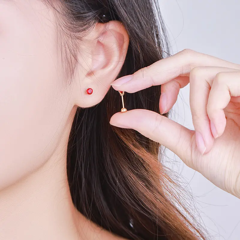 Stainless Steel Plated 14K Golden Four-Claw Red Single Zircon Ball Stud Earrings Simple Daily Easy-to-Match Earrings for Women