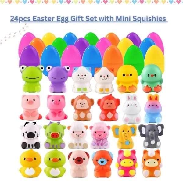 24pcs Easter Egg Gift Set with Mini Squishies – Animal Squishy Toys Prefilled Egg Hunt Basket Stuffers for Kids, Boys & Girls, Easter Party Favors, Classroom Prizes