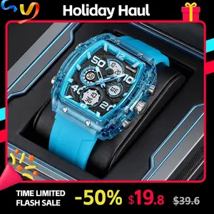 SKMEI Unisex Dual Display Sport Watch, Tonneau Case Ana-Digi with Silicone Band, Triple Time Zone, Stopwatch, Alarm, Countdown, LED Backlight, Lightweight 61.1g, 5ATM Water Resistant