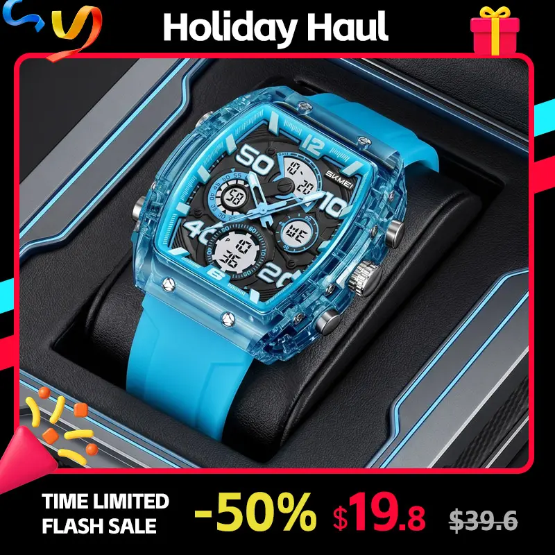SKMEI Unisex Tonneau Case Ana-Digi Sport Watch - Plastic-Resin PC Silicone Band, 3 Time Zones, Stopwatch, Alarm, Countdown, LED Backlight, 61.1g Lightweight, 5ATM Water Resistant Men's Fashion Watch for Study Intervals