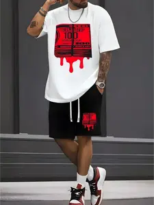 Men's Plus Size Two-Piece Set, Menswear, Drop Money Print Loose Short Sleeve T-Shirt & Drawstring Shorts, Comfortable Urban Casual Style, Street Fashion
