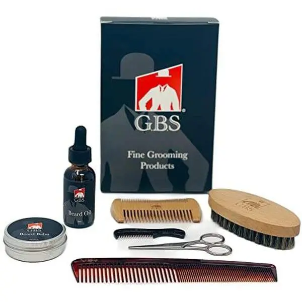 G.B.S Complete Beard Grooming Set, Scissors Black and Silver, Boar Bristle Beard Brush, Anti-static Multi Side Comb Heatless Stainless
