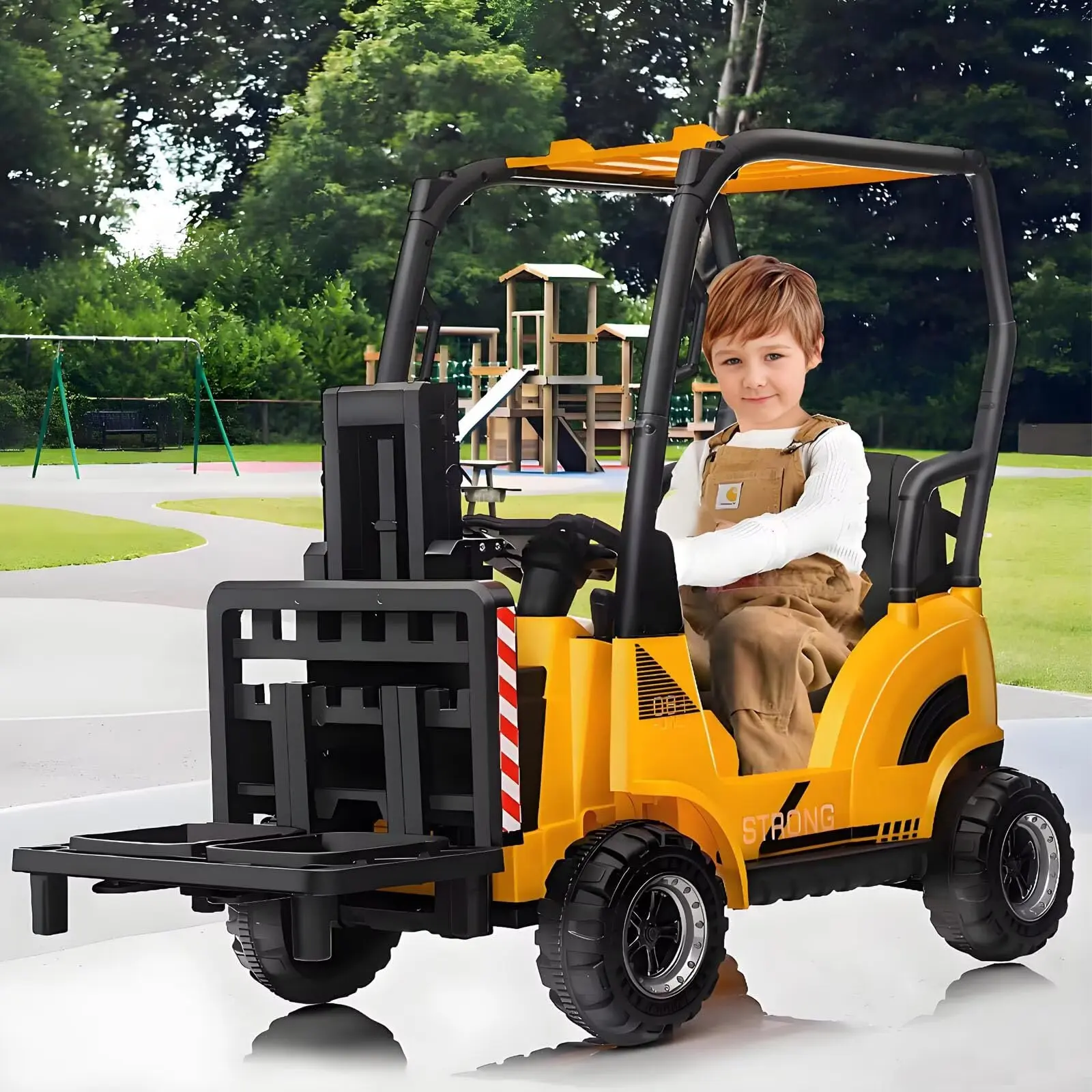 Gaomon 12V Construction-Themed Kids Ride-On Forklift Toy for 12+ Boys and Girls, Parental Remote Control with Remote Monitoring, Liftable Fork and Pallet, Built-In Music, Attached Tent, Realistic Design, Durable Materials, Easy-to-Use Controls