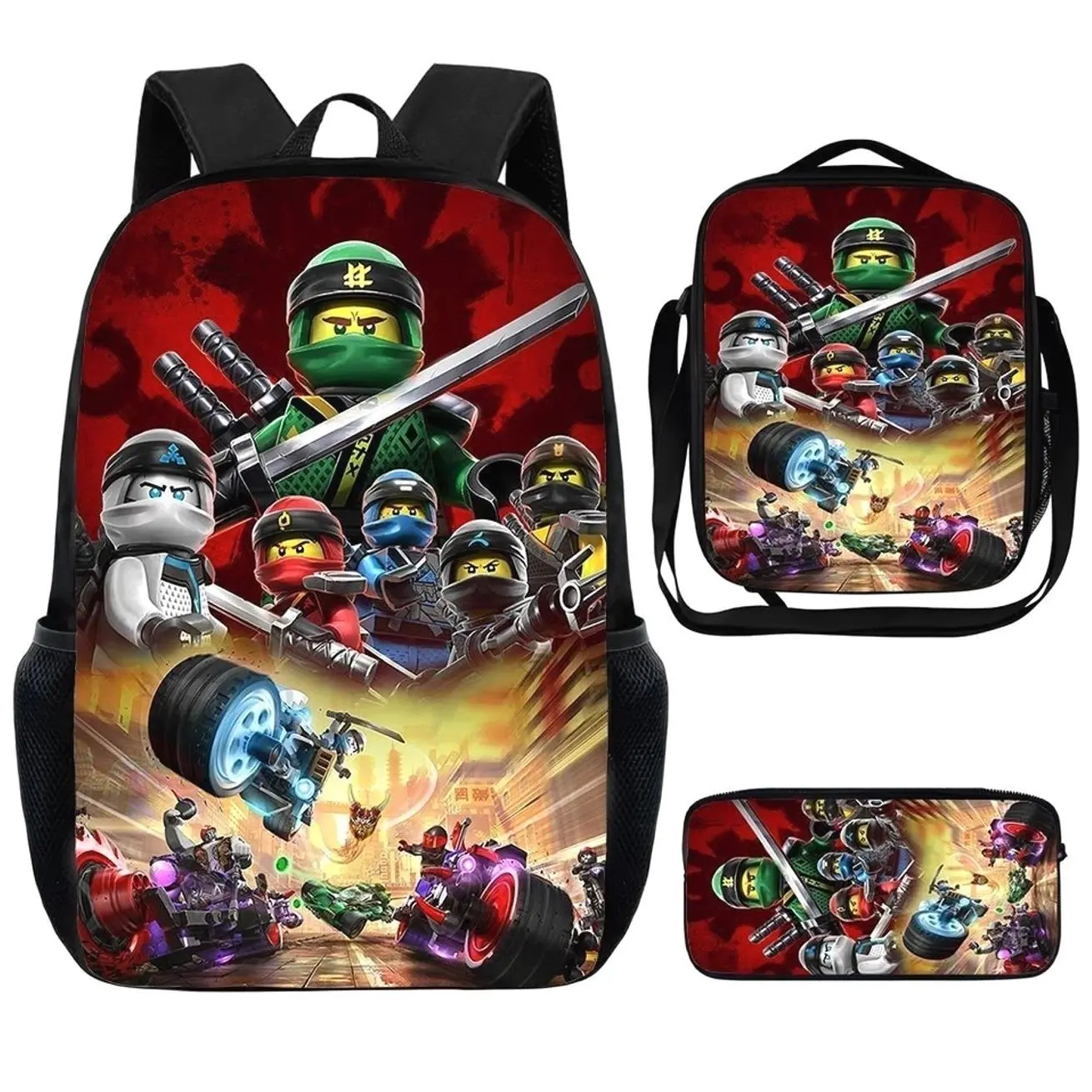 Cartoon Ninja Warrior Student School Bag Set | 3Pcs Laptop Backpack Insulated Lunch Tote Pencil Pouch | Fun Student Gift Box