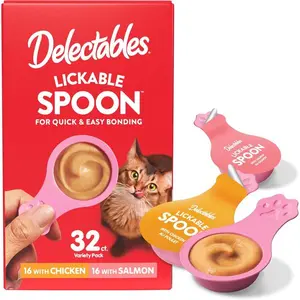 Lickable Cat Treats 32 Pack – Chicken & Salmon Creamy Puree Spoon Snacks, Grain Free Wet Cat Treats