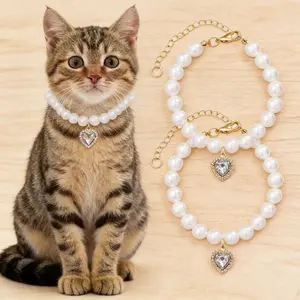 Princess Style Cat Pearl Necklace, Colorful Acrylic Heart Crystal Pendant, Easter Pearl Princess Cat Collar with Love Crystal Pendant, for Kitten 🐰💎