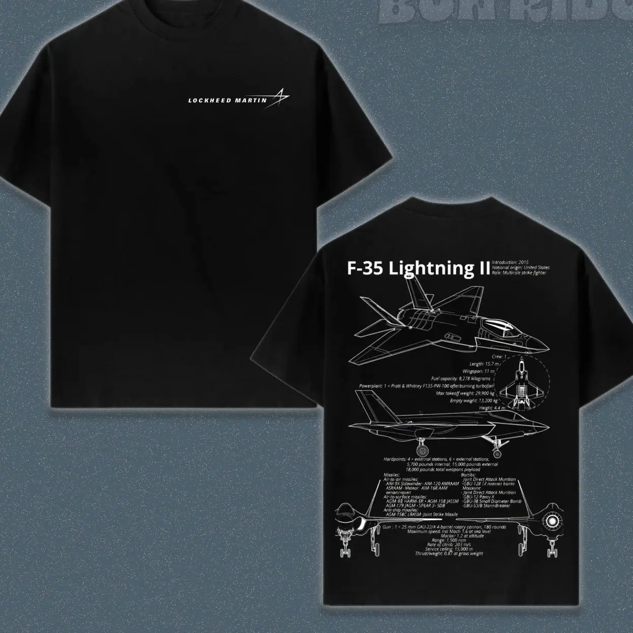 Men's F-35 Blueprint Graphic T-Shirt, Double-Sided Vintage Fighter Jet Tee, Unisex Premium Cotton Short-Sleeve Streetwear, Tshirt, Shortsleeve V6I
