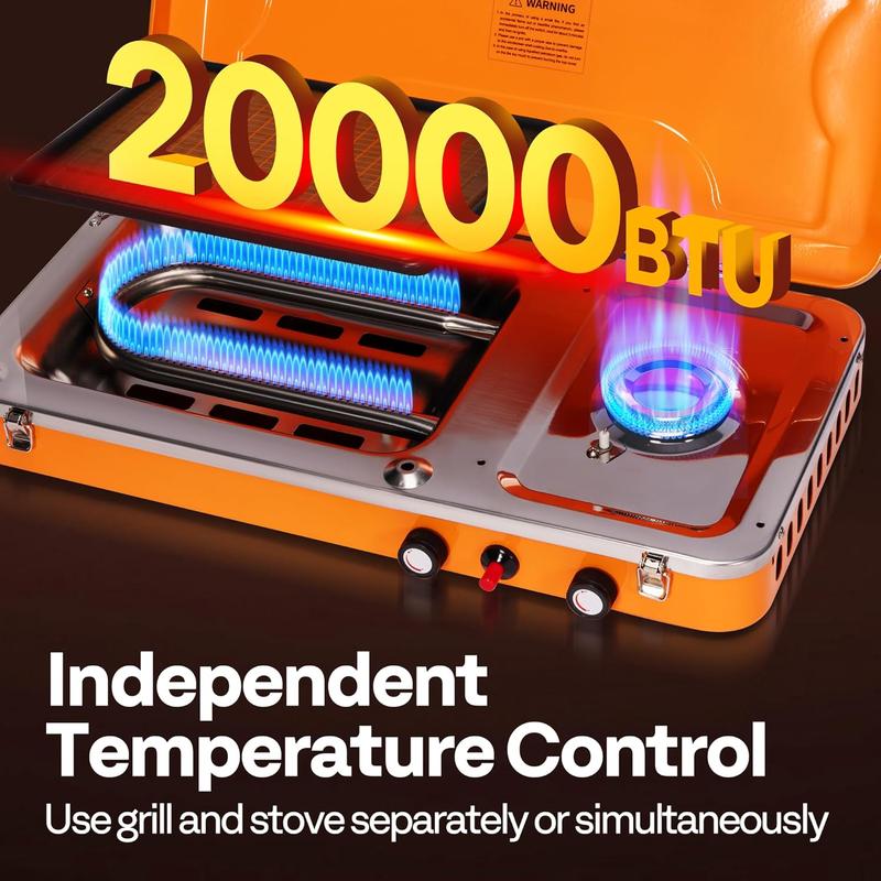 2-in-1 Gas Camping Stove with Detachable Legs, Propane Grill, 20000 BTU Tabletop Grill Cooker for Party, Camping, Picnics, Backyards