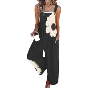 Women's2025SpringFloralPrintOverallsJumpsuitsOnePieceSleevelessWideLegLongPantsRomperswithPockets