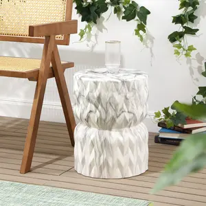 JONATHAN Y Chevron Drum 17.5" White Marble Finish Ceramic Garden Stool - Modern Minimalist Accent Piece