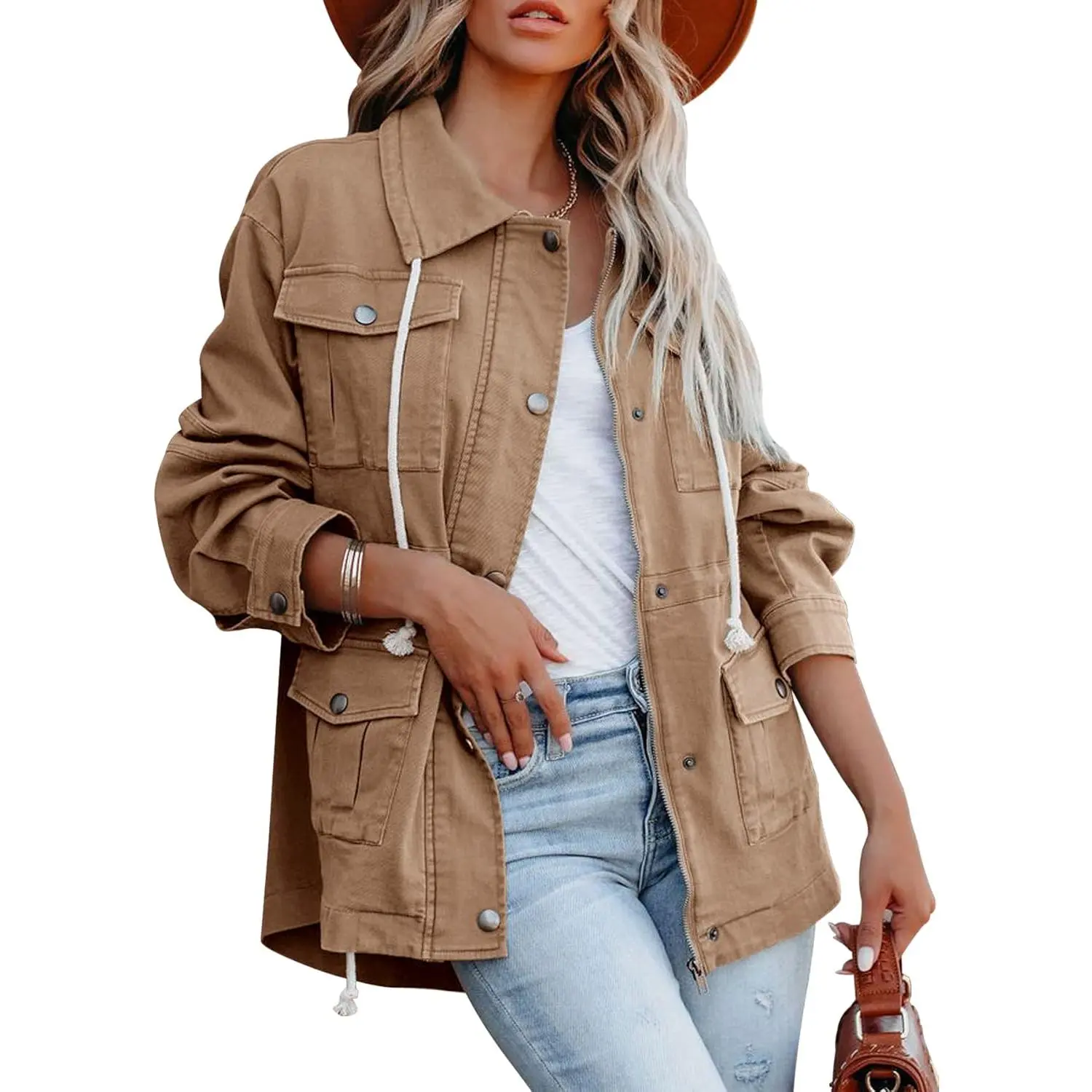 Lannew Womens Military Anorak Jacket Zip Up Snap Buttons Lightweight Safari Utility Coat Outwear With Pockets
