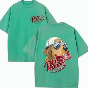 Dr. Pepper Red Patterned T-Shirt S-5XL | Vintage Heavyweight Washed Cotton Tee, Golden Retriever Graphic Print, Oversized Retro Streetwear & Gym Pump Cover