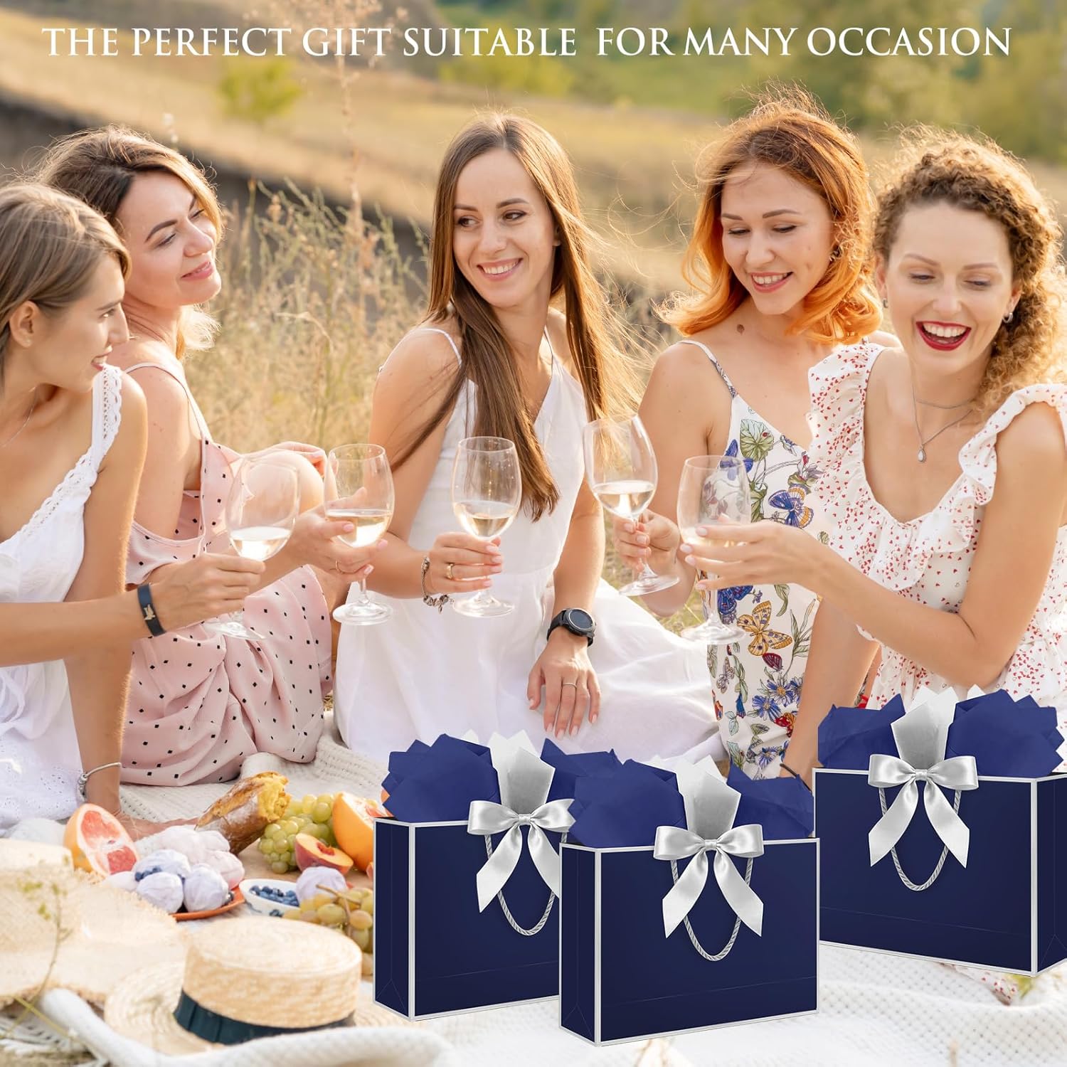 Fancy Large Gift Bags with Handles, 2 Pack 12.6x10x4 Inches - Includes Tissue Paper & Cards for Birthday, Valentine's Day, Baby Shower, Wedding, Anniversary & Holiday Gifts (Blue and Silver)