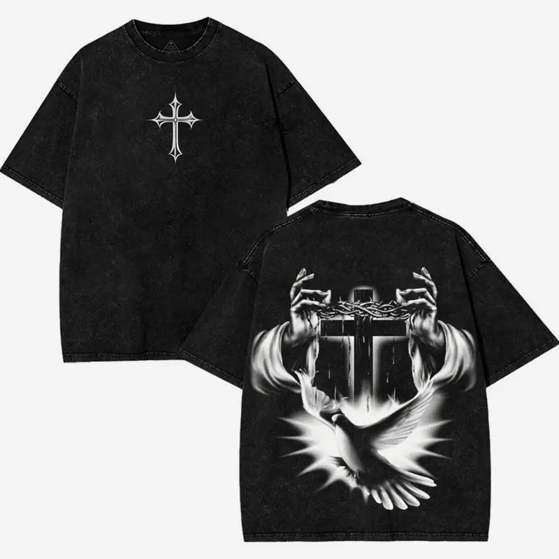 Vintage Washed Christian Gildan/Washed Shirt 2 side, Crown, Dove & Cross Graphic, Heavyweight Cotton