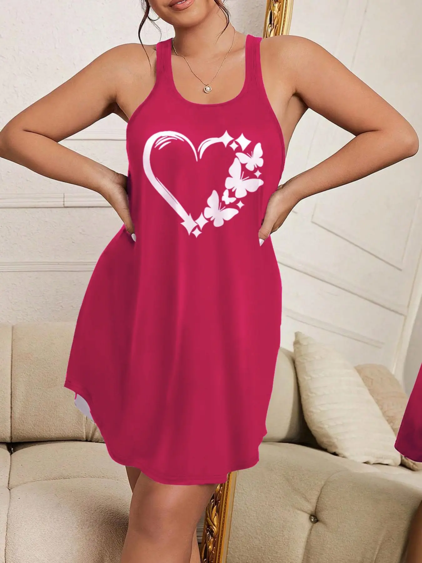 New Plus Size Heart Print Halter Sleepwear Loungewear Sleeveless Nightgown Womenswear, Casual Romantic Full Coverage, High Waist Slimming, Sweet Date Night, Soft Light Filter, Breathable