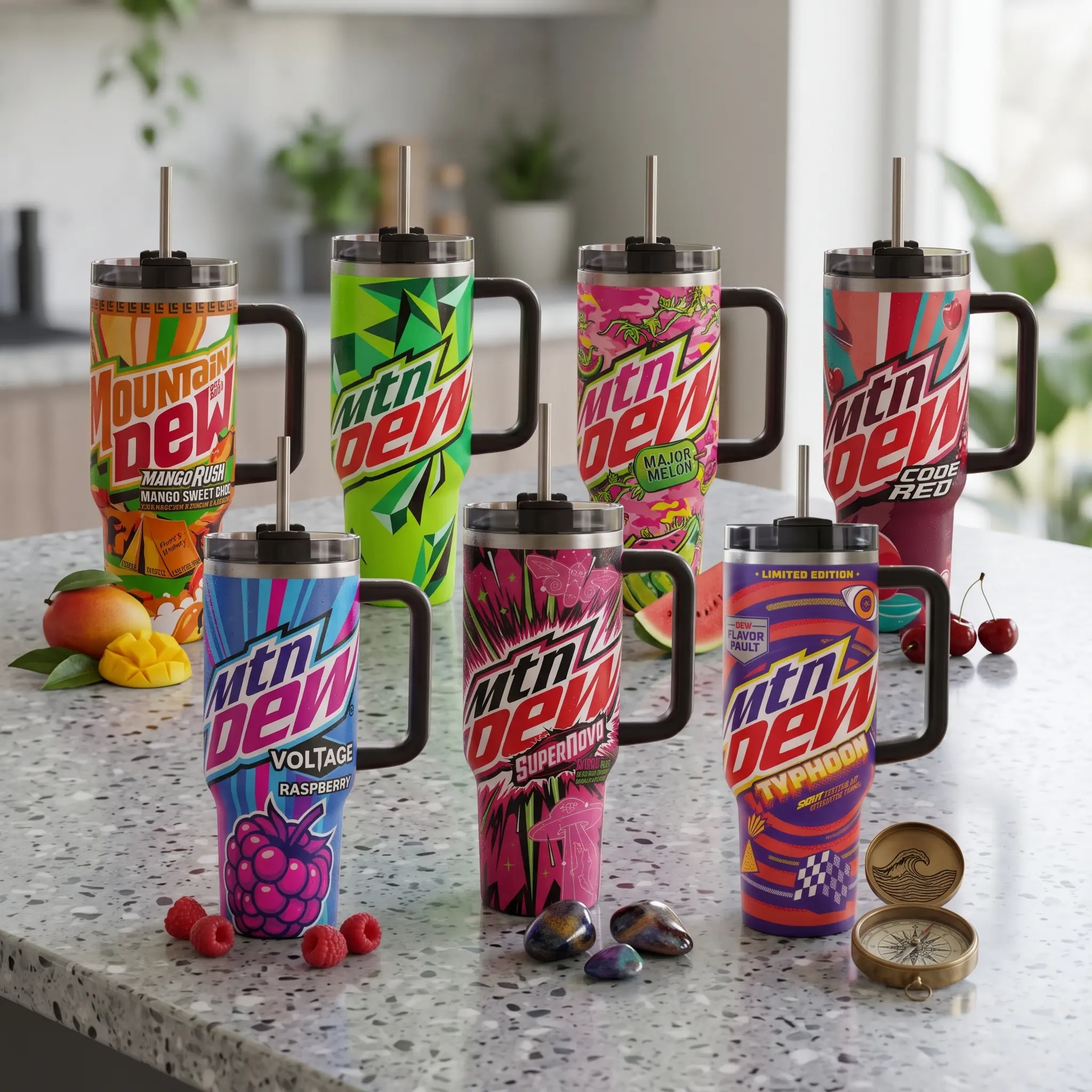 Mtn Dew 40oz 30oz 20oz Tumbler With Handle, Colorful Soda Flavor Graphic Insulated Stainless Steel Travel Cup With Straw