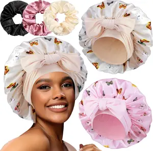 Large Satin Hair Bonnets with Scrunchies - 2 Pack for Women, Perfect for Sleeping, Protects Braids & Curly Hair, Stylish Tie Design, Comfortable & Durable Heniho