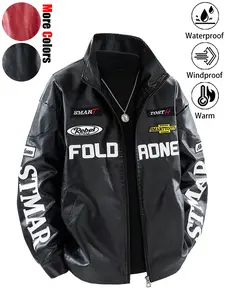 New Unisex Casual Waterproof Windproof Warm Embroidered Motorcycle Leather Jacket, Coats, Versatile Durable Wrinkle-Resistant Couple's Sports Jacket, Perfect for Daily Commuting, Outdoor Adventures, Hiking, dad gifts christmas