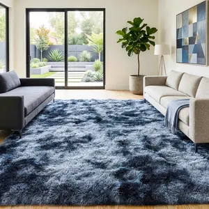 BLIOW Tie-Dye Blue Gray Fluffy Shaggy Rug, Ultra Soft Thick Carpet for Living Room Bedroom, Modern Home Decor, Non-Slip, Ideal Mother's Day & Easter Gift, Includes 4 Carpet Stickers