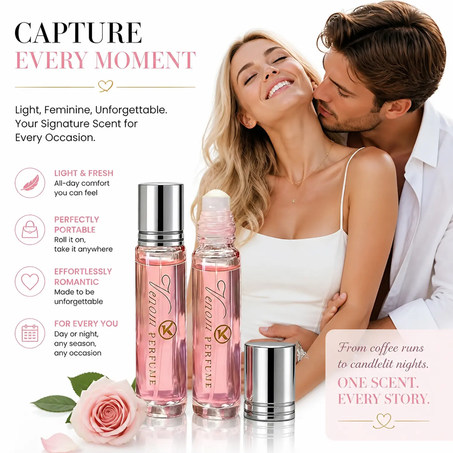 Women's 2pcs Roll-On Pheromone 10ml/0.3fl.oz each, long-lasting floral fruity scent. Pheromones make him crave you, keep him captivated, share passionate nights. Perfect for Valentine's Day, Christmas & Anniversary. Travel-Size Women's Perfume.